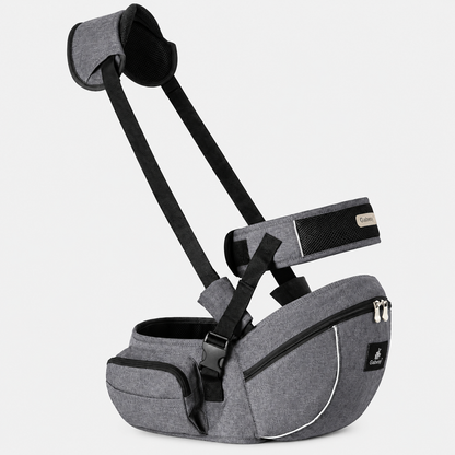 Porte-bébé siège de hanche Gabesy gris clair – vue angle avec sangles et poches