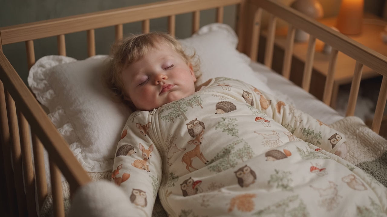 Bébé qui bâille dans sa gigoteuse bébé à motif forêt, allongé dans son lit en bois à la lumière douce d'une veilleuse