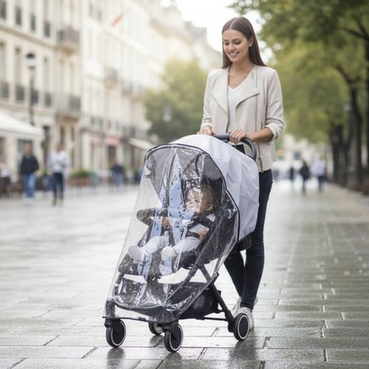 Protection pluie poussette universelle – maman promenant bébé bien au sec en ville