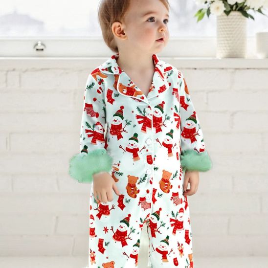 Pyjama NOEL BEBE en Coton Bio avec fourrure douce vert menthe