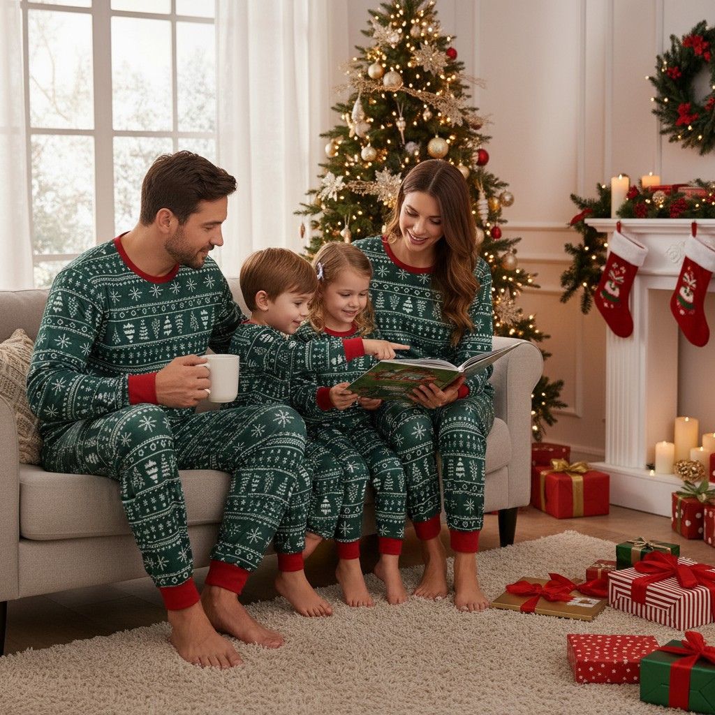 Pyjama Noel famille vert séance lecture conte de Noël
