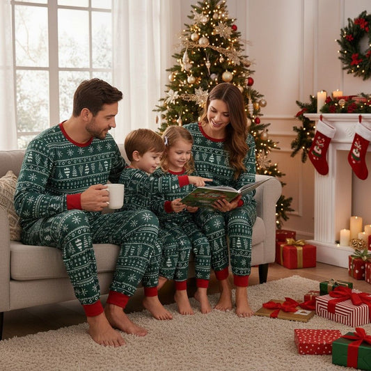 Pyjama Noel famille vert séance lecture conte de Noël