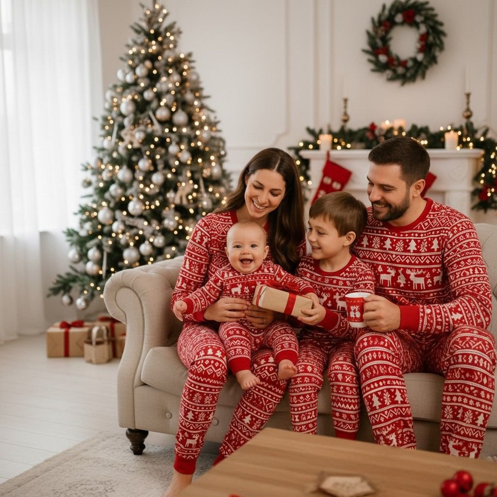 Pyjama Noel famille motif flocons d’hiver assorti parents enfants