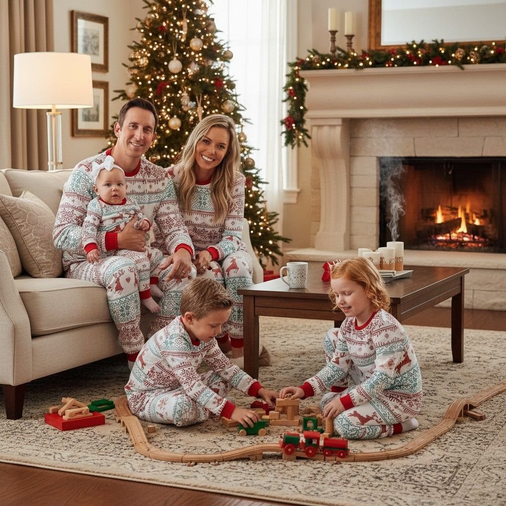 Pyjama Noel famille assorti d’hiver motif flocons et rennes
