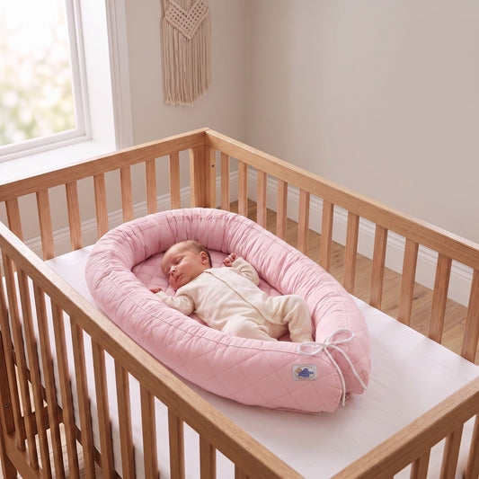 Bébé endormi dans le réducteur de lit bébé rose, installé dans un lit à barreaux en bois