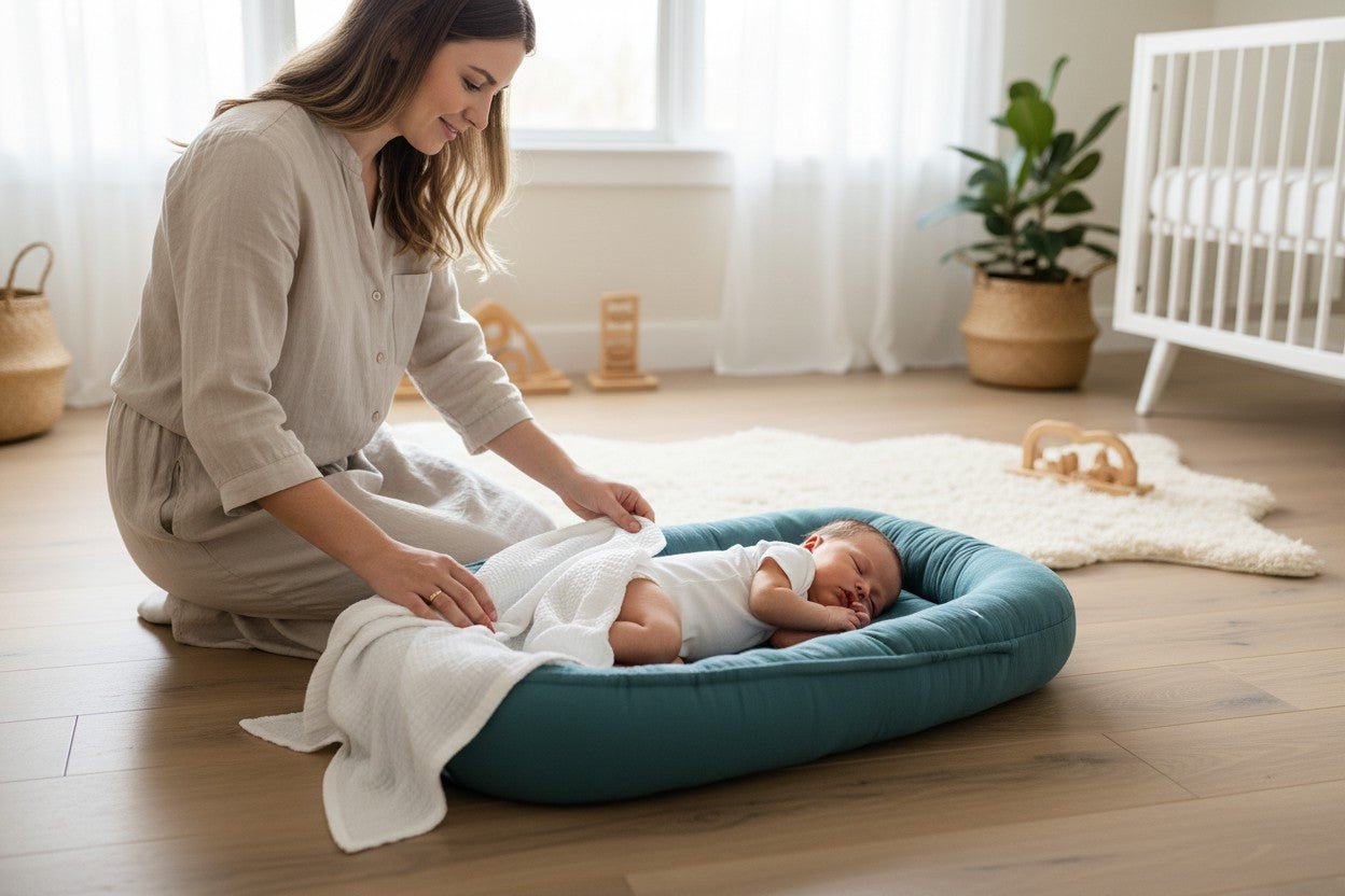 Réducteur de lit bébé en coton mousseline double épaisseur bleu pétrole