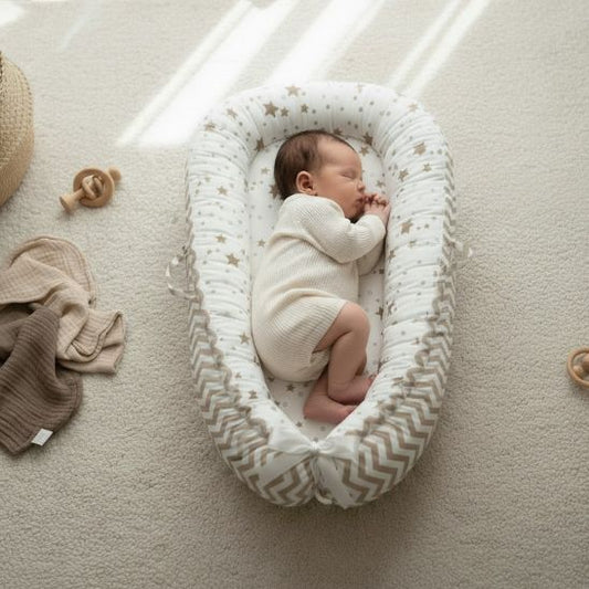 Réducteur de lit bébé bébé endormi paisiblement coloris beige