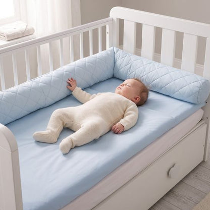 Bébé endormi dans un lit à barreaux blanc bordé du tour de lit bleu ciel