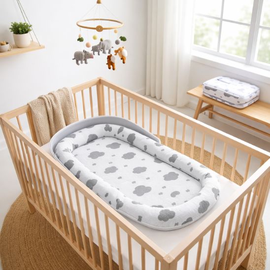 Réducteur de lit bébé pliable Nuages dans lit à barreaux bois naturel chambre scandinave avec mobile