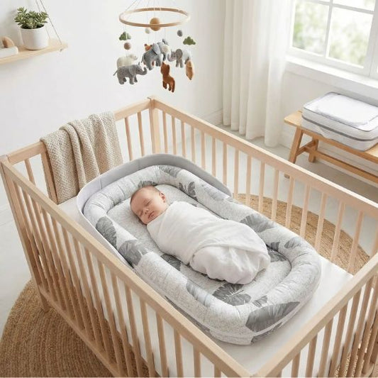 Bébé nouveau-né emmailloté endormi dans réducteur de lit bébé pliable Tropical lit à barreaux bois naturel