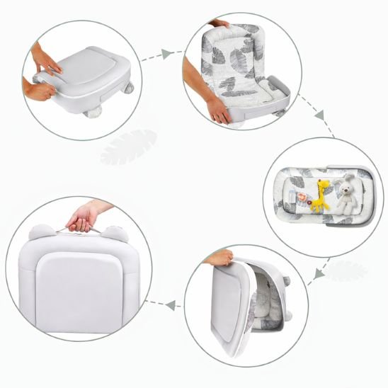 Réducteur de lit bébé pliable Tropical — 5 étapes de pliage et dépliage avec poignée intégrée
