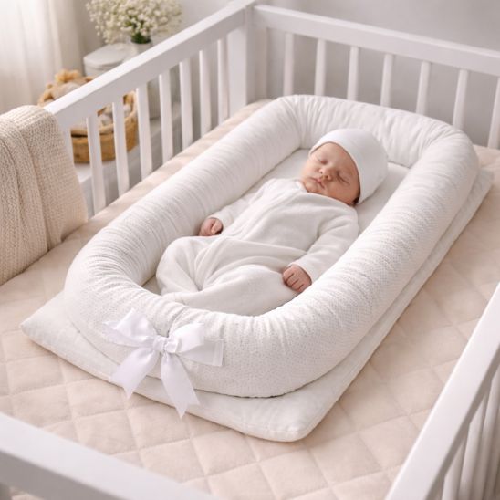 Bébé nouveau-né endormi dans réducteur de lit bébé portable blanc lit à barreaux position cocon rassurant