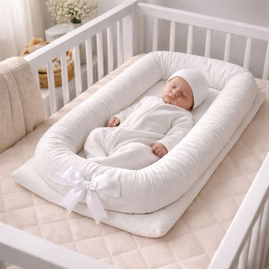 Bébé nouveau-né endormi dans réducteur de lit bébé portable blanc lit à barreaux position cocon rassurant