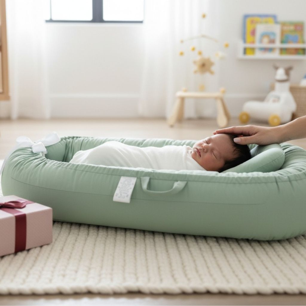 Cocon bébé vert pastel fabriqué en tissu respirant