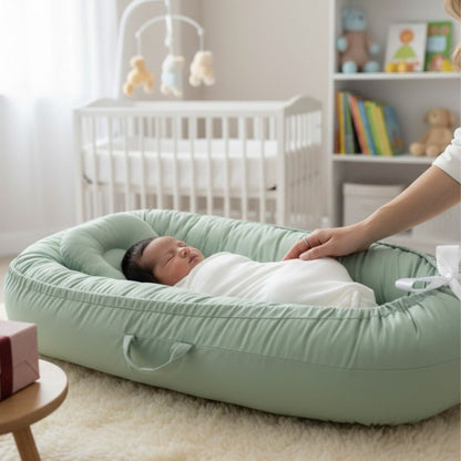 Réducteur de lit bébé vert pastel douillet et moelleux