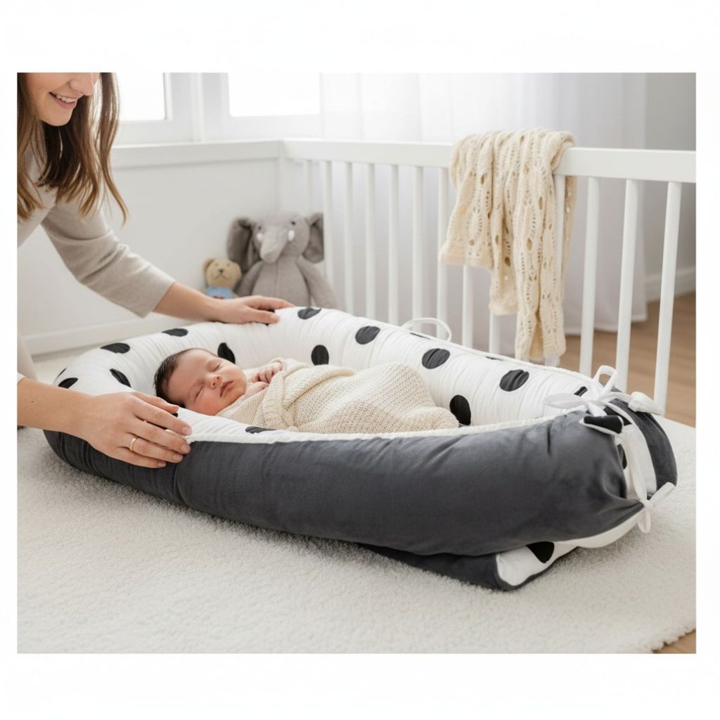 Réducteur de lit bébé gris anthracite avec intérieur à pois noirs