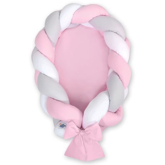 Réducteur de lit tressé rose, blanc et gris avec matelas rose coordonné