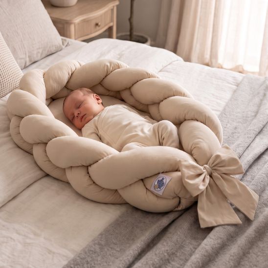 Bébé endormi dans un réducteur de lit tressé beige, gros plan sur lit parental