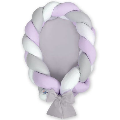Réducteur de lit tressé lilas, gris et blanc, tressage jumbo tricolore avec nœud