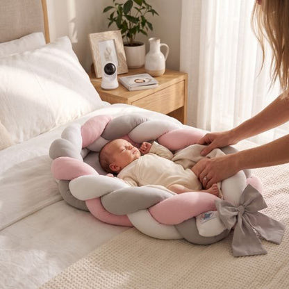 Bébé installé dans un réducteur de lit tressé rose et gris, chambre parentale