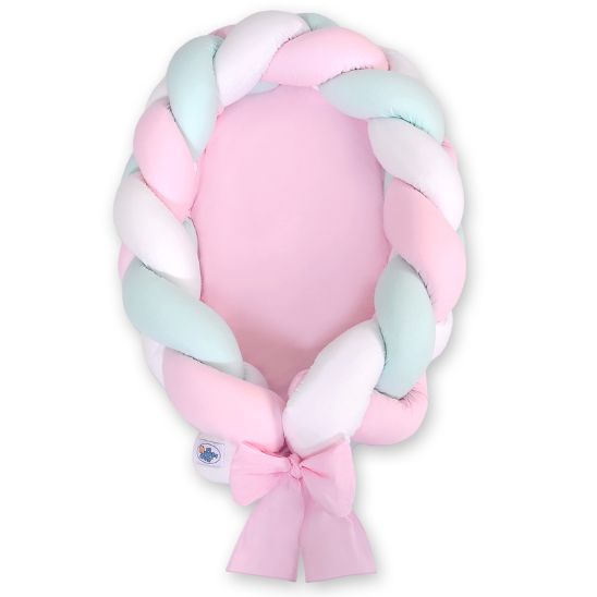 Réducteur de lit tressé rose, menthe et blanc, tressage jumbo tricolore avec nœud