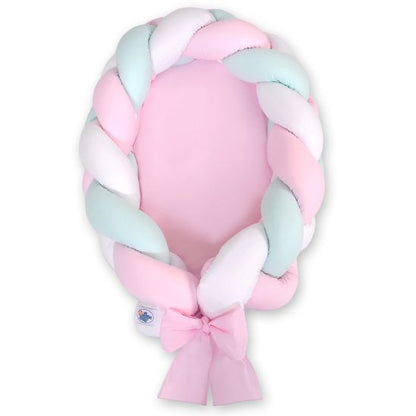 Réducteur de lit tressé rose, menthe et blanc, tressage jumbo tricolore avec nœud