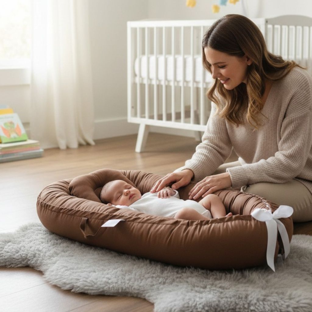 Réducteurs de lit bébé caramel faciles à transporter grâce aux poignées latérales