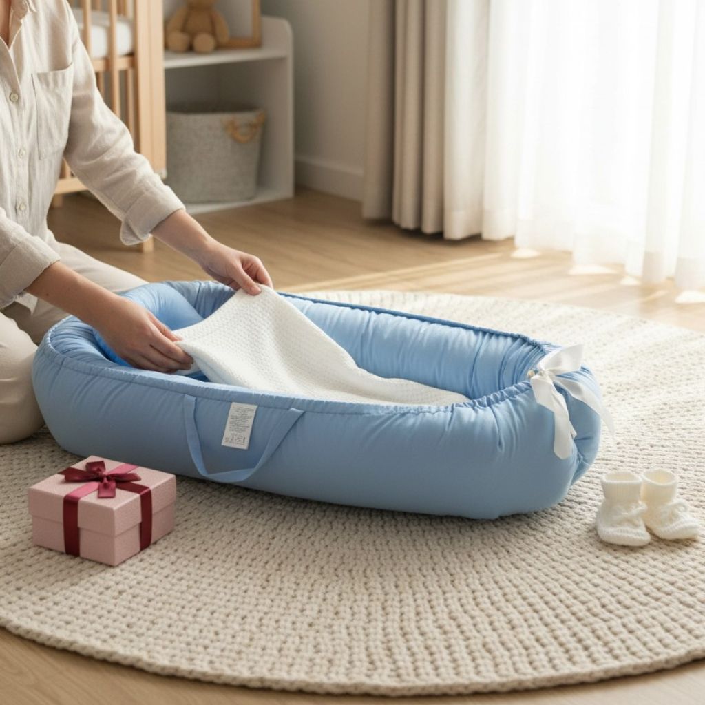 Réducteur de lit bébé bleu en forme de nid douillet pour sommeil apaisé