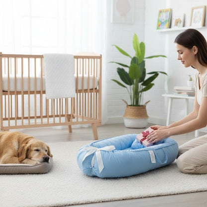 Réducteur de lit bébé bleu portable avec poignées pour transport facile