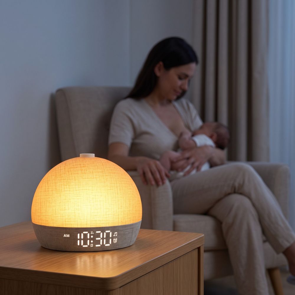 Réveil lumineux utilisé comme lumière douce pendant un moment avec bébé