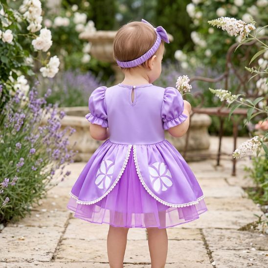 Robe de fête fille mauve vue de dos dans un jardin fleuri