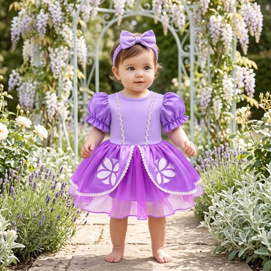 Robe de fête fille portée de face avec jupe mauve volumineuse