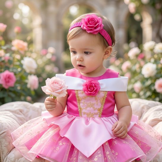 Robe de princesse pour bébé portée assise avec une rose