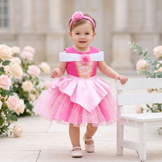 Robe de princesse pour bébé rose portée en marchant dans un jardin