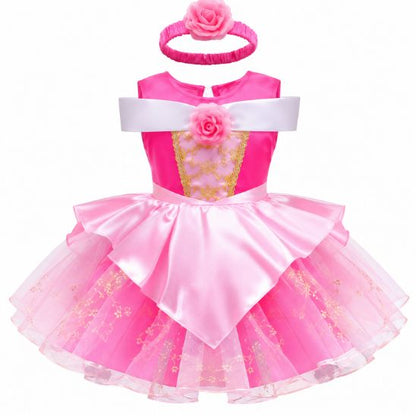 Robe de princesse pour bébé rose avec bandeau fleuri assorti