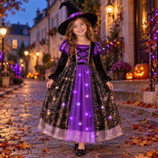 Fillette souriante en robe de sorcière lumineuse violette et noire avec chapeau pointu dans une rue décorée pour Halloween