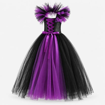 Robe de sorcière longue en tulle violet et noir avec bustier lacé de satin et col volanté