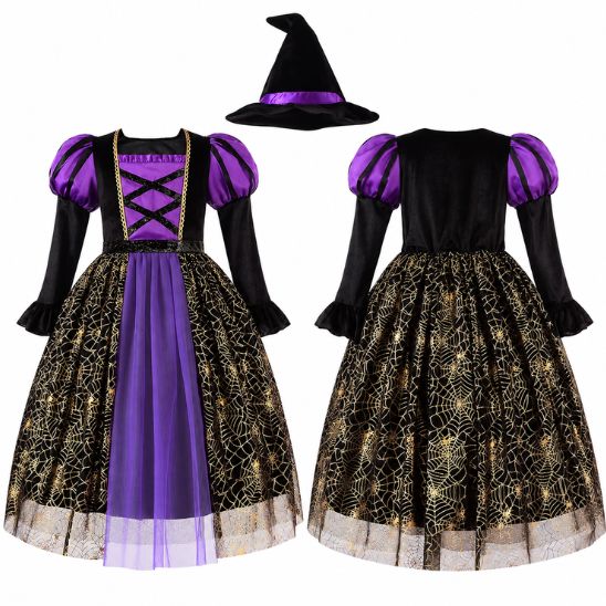 Robe de sorcière violette et noire vue de face et de dos, avec manches ballon, jupe à toiles d'araignée dorées et chapeau pointu
