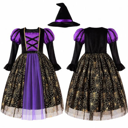 Robe de sorcière violette et noire vue de face et de dos, avec manches ballon, jupe à toiles d'araignée dorées et chapeau pointu