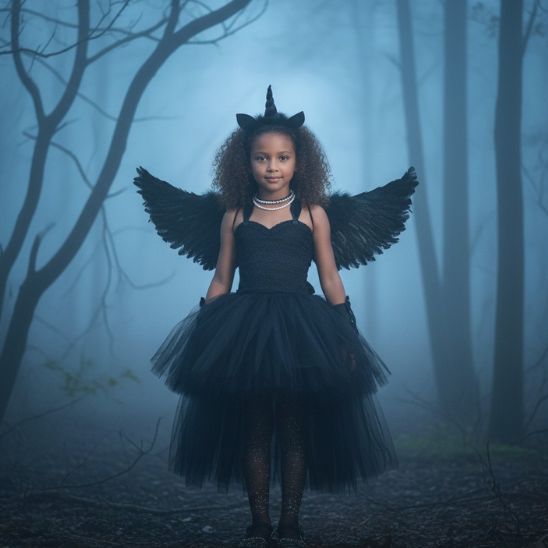 Robe licorne noire fille souriante avec ailes déployées, décor de forêt