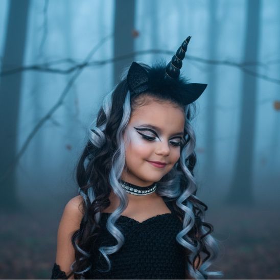 Robe licorne noire fille, portrait avec maquillage mystérieux en forêt brumeuse