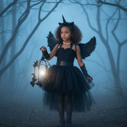 Robe licorne noire fille tenant une lanterne, forêt brumeuse