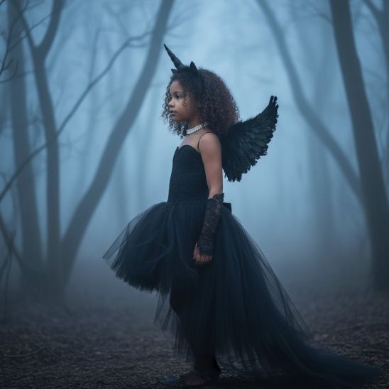 Robe licorne noire fille vue de profil avec ailes noires, forêt brumeuse