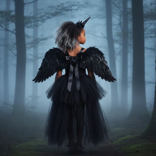  Robe licorne noire fille vue de dos avec ailes et nœud, décor de forêt