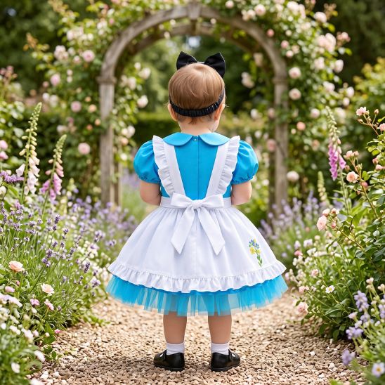 Robe pour bébé bleu et blanc vue de dos dans un jardin