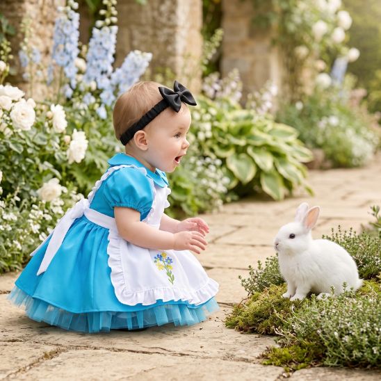 Robe pour bébé en tulle bleu portée dans un jardin avec un lapin
