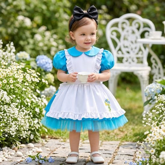 Robe pour bébé bleu ciel avec tablier blanc portée avec une tasse