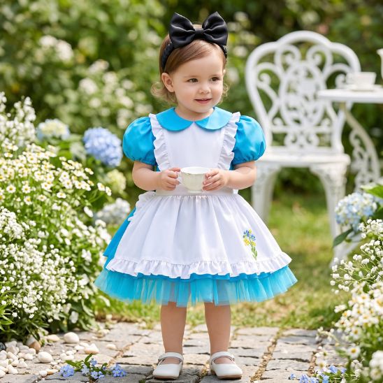 Robe pour bébé bleu ciel avec tablier blanc portée avec une tasse