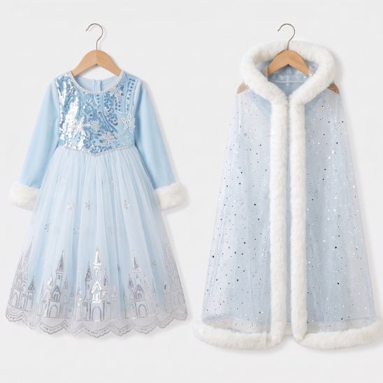 Robe princesse avec cape, ensemble 2 pièces bleu glacier pour fille