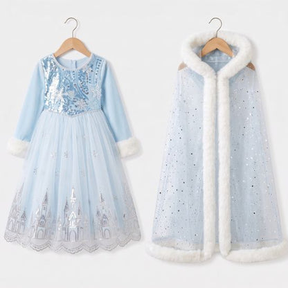 Robe princesse avec cape, ensemble 2 pièces bleu glacier pour fille